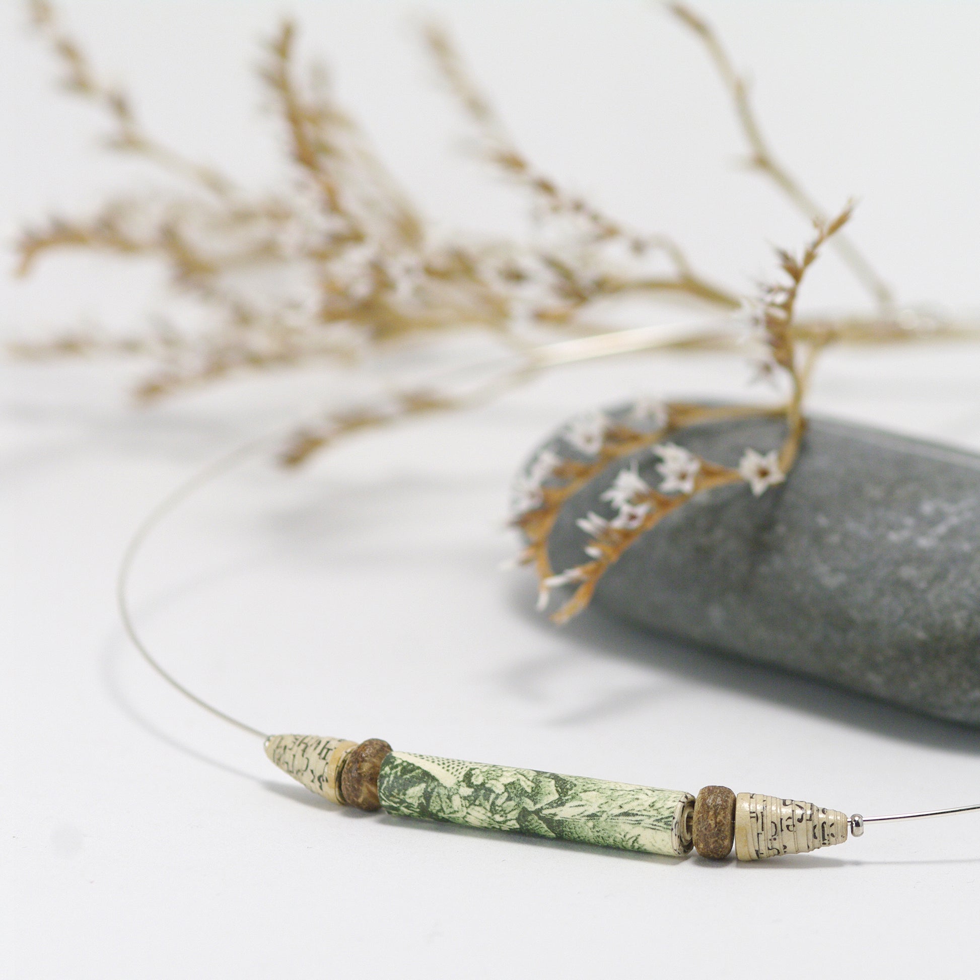 Paper Bead Necklace Green And Beige Upcycled Old Book  Necklace