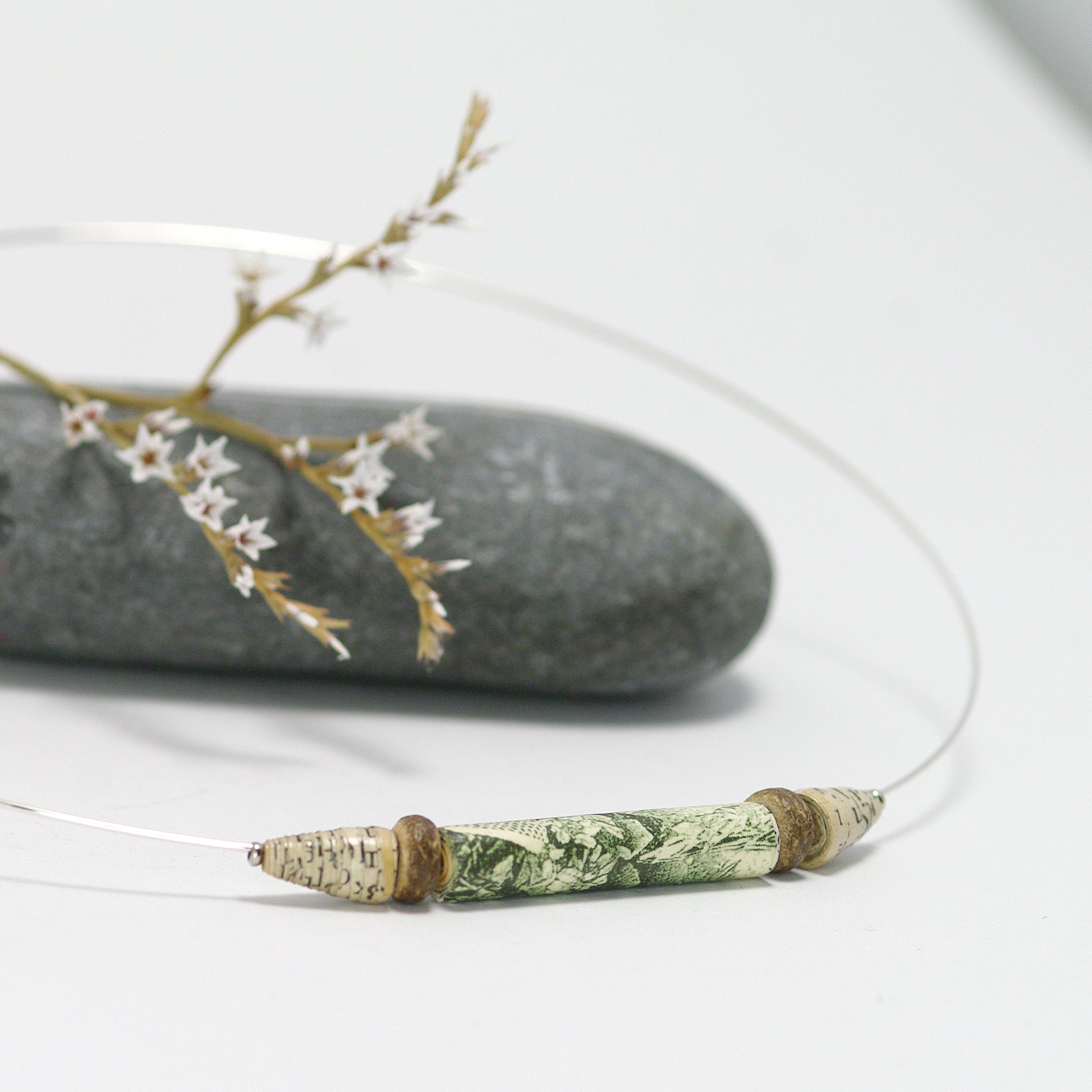 Paper Bead Necklace Green And Beige Upcycled Old Book  Necklace