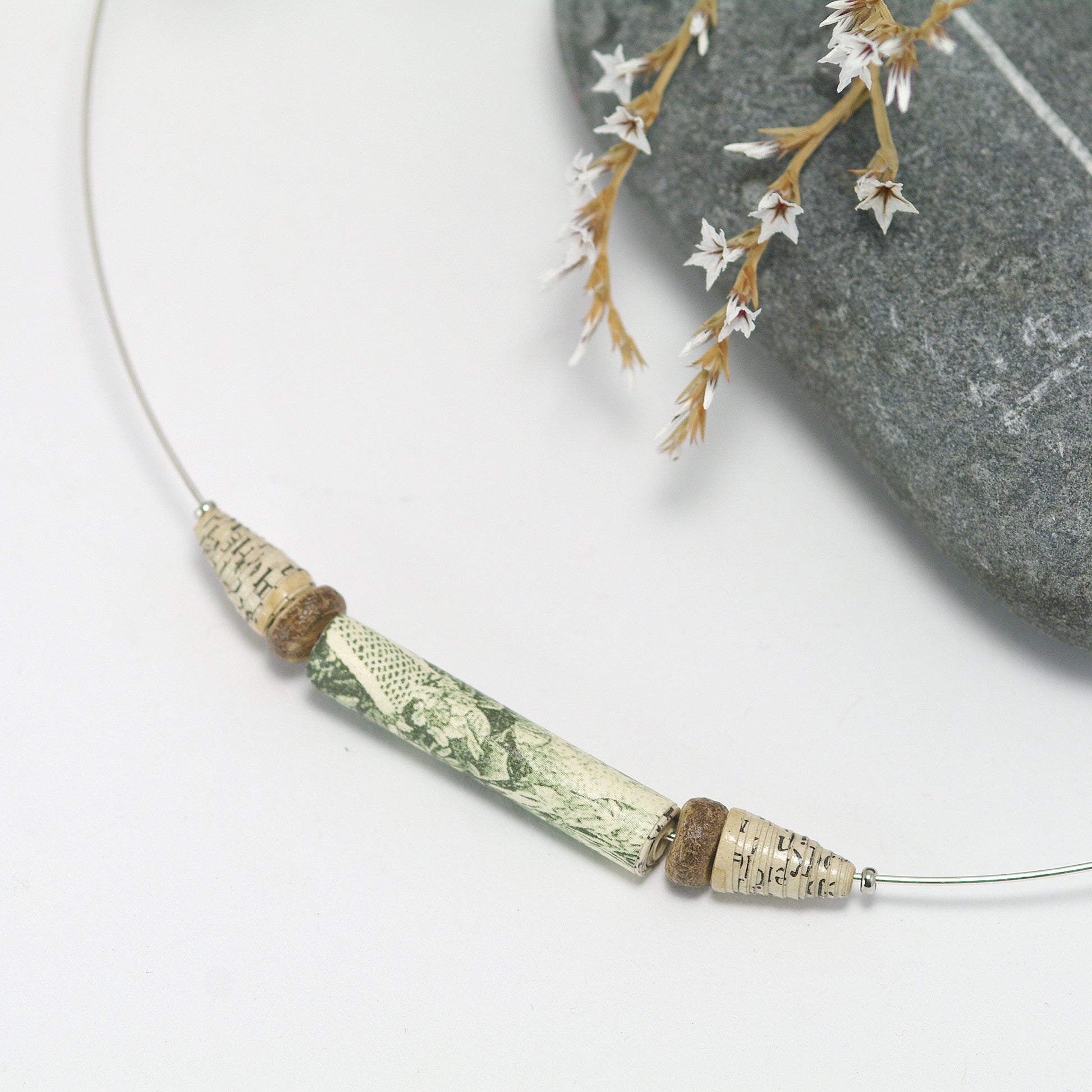 Paper Bead Necklace Green And Beige Upcycled Old Book  Necklace