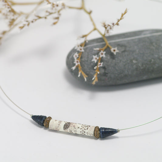 Paper Bead Necklace Blue And Beige Upcycled Old Book  Necklace