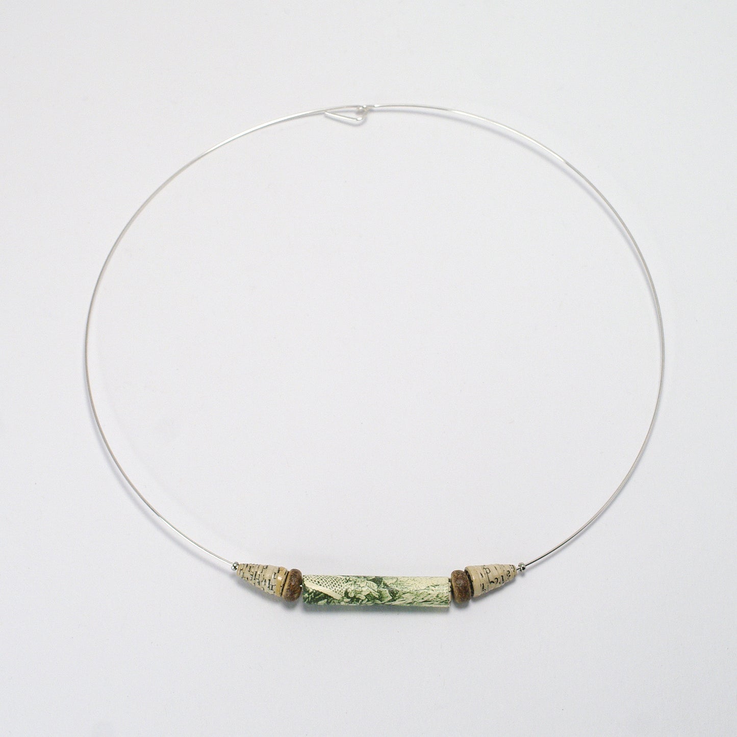 Paper Bead Necklace Green And Beige Upcycled Old Book Necklace