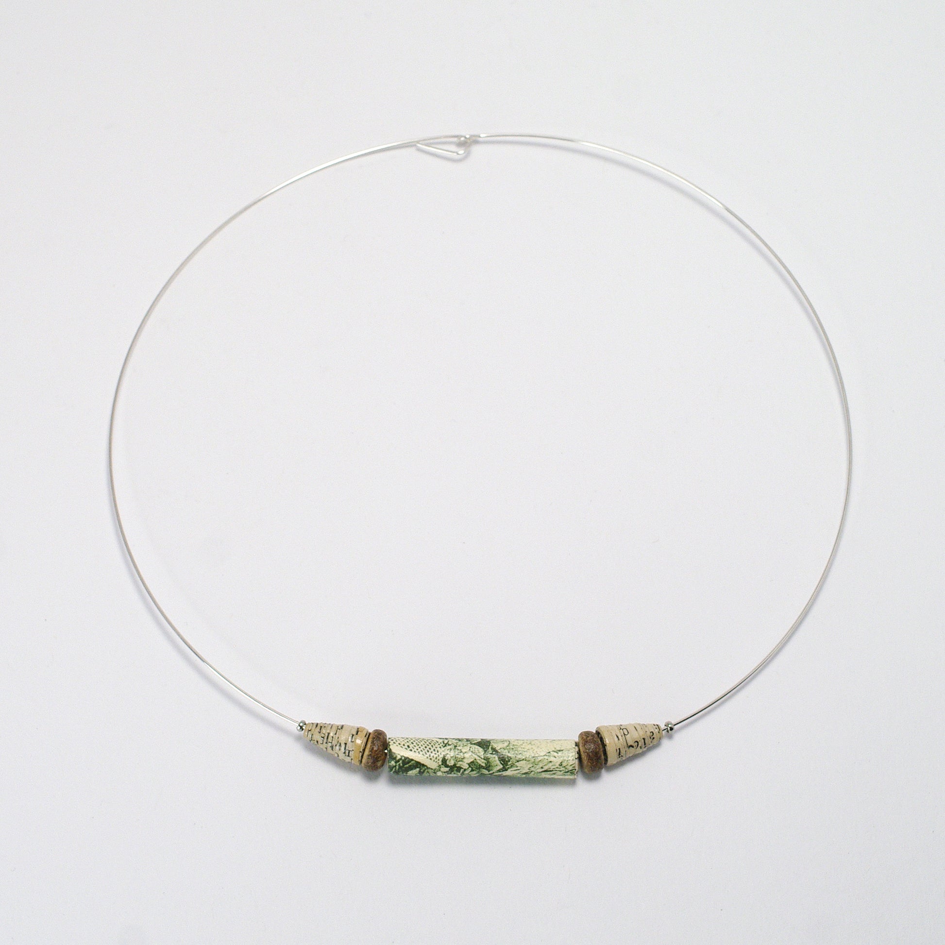 Paper Bead Necklace Green And Beige Upcycled Old Book  Necklace