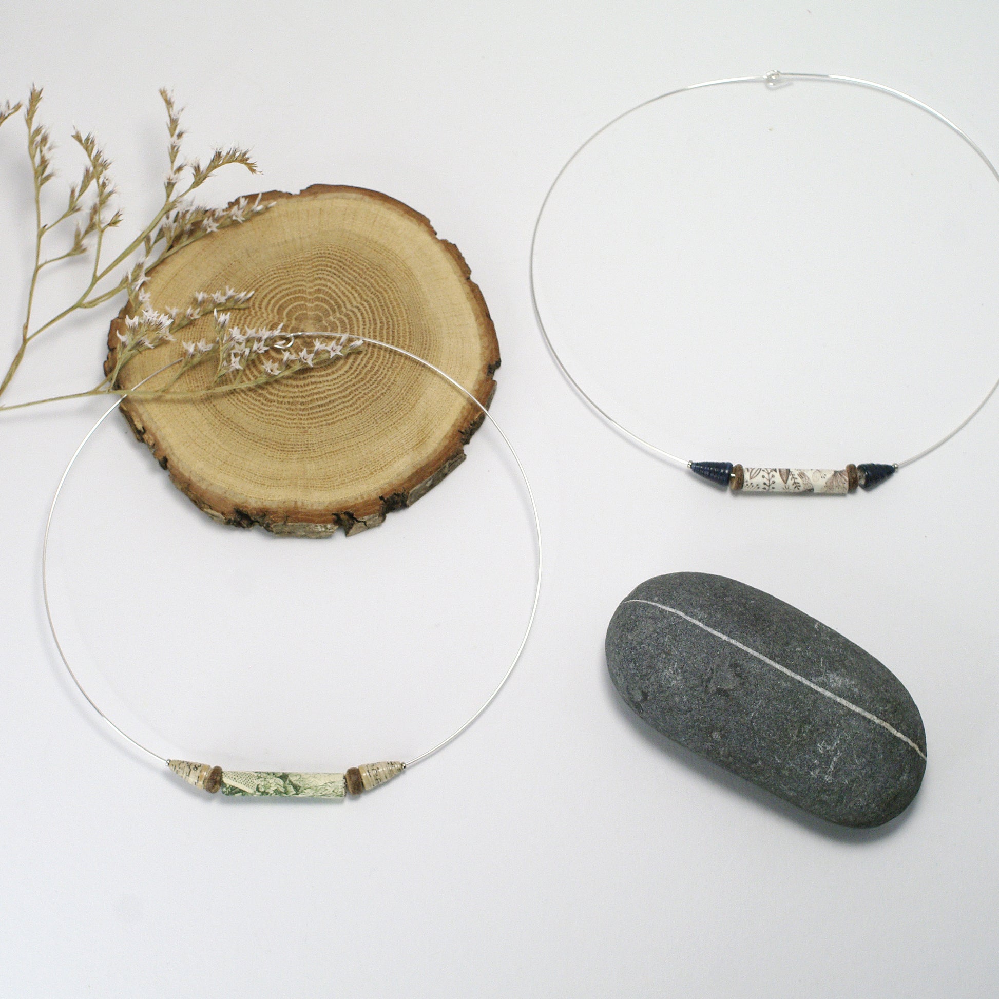 Paper Bead Necklace Green And Beige Upcycled Old Book  Necklace