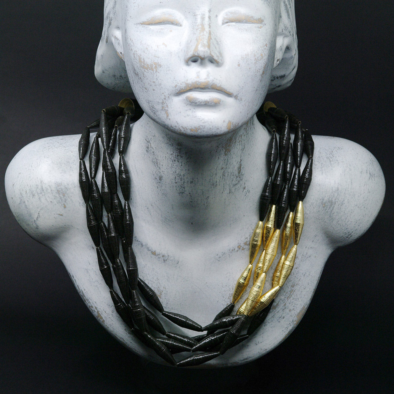 5 Strand Paper Bead Matinee Necklace in Black and Gold Design On Model