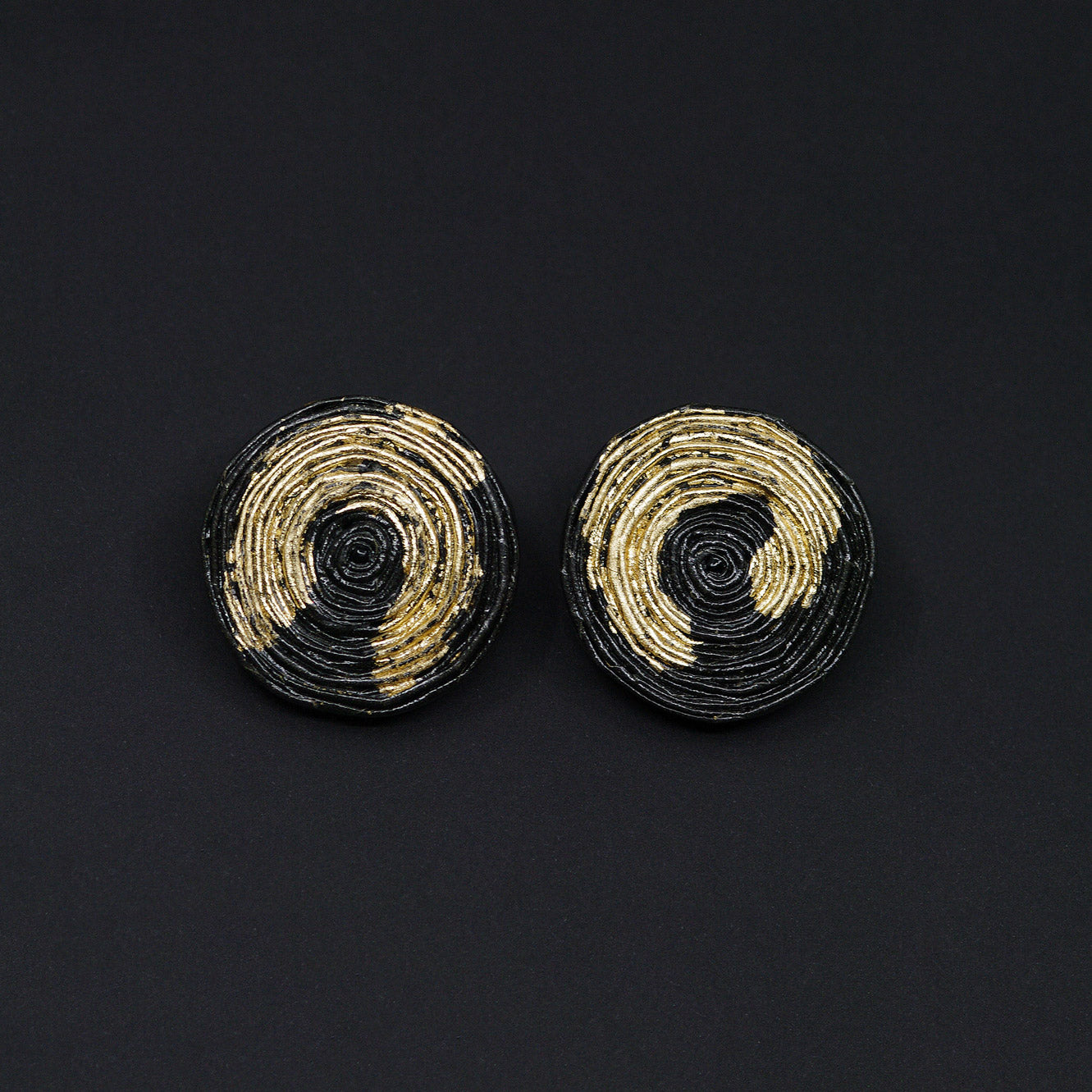 Big Round Black Paper Stud Earrings with Golden Accents Back to Black Collection by Chiramo Paper Jewelry