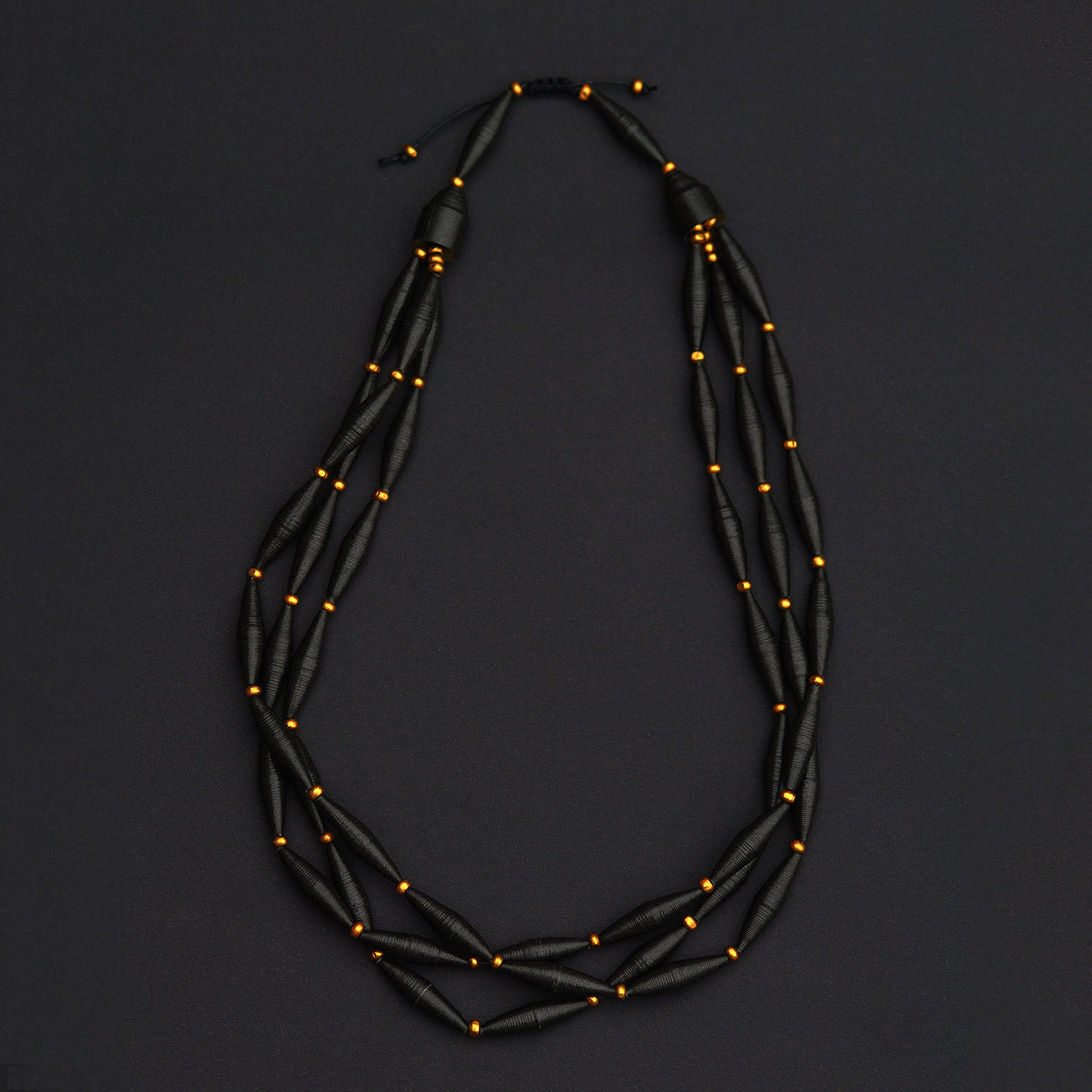 Black Paper Bead Matinee Necklace Featuring Small Golden Wood Beads Back to Black Collection Chiramo Paper Jewelry