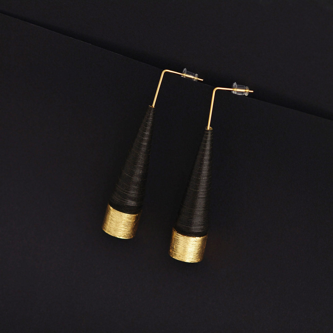 Black and Golden Conical Paper Earrings by Chiramo Paper Jewelry Back to Black Collection