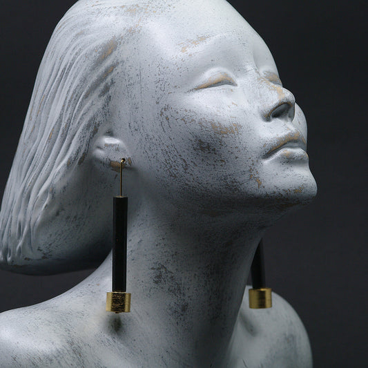 Long Black and Golden Paper Tube  Earrings on Model Back to Black Collection Chiramo Paper Jewelry 1