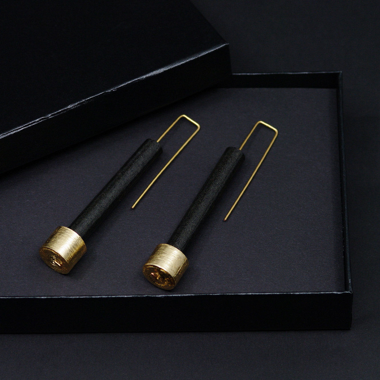 Long Black and Golden Paper Tube Earrings Back to Black Collection Chiramo Paper Jewelry