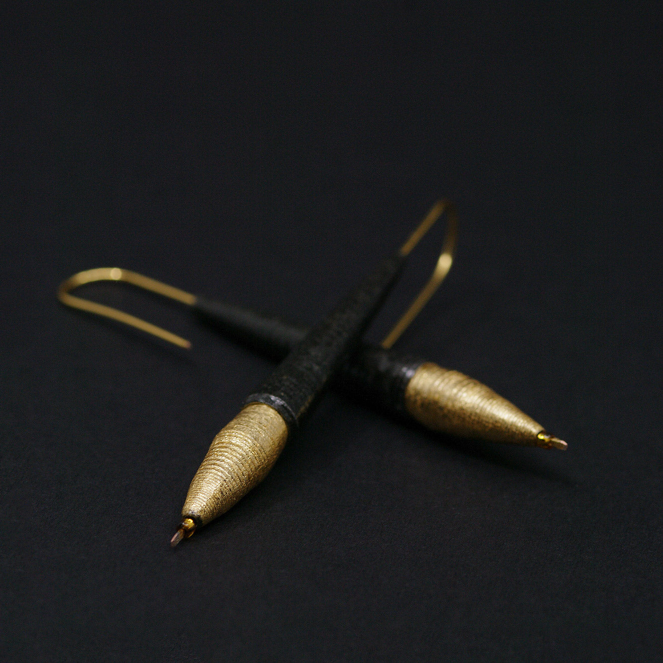 Long & Thin Black and Golden Pointed Paper Earrings Back to Black Collection by Chiramo Paper Jewelry