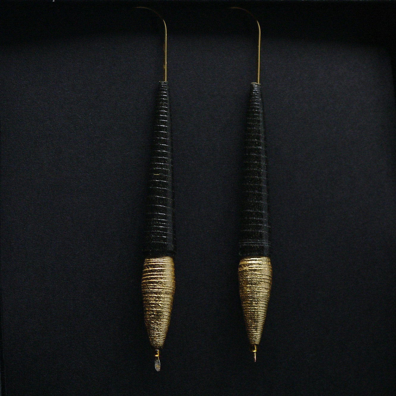 Long & Thin Black and Golden Pointed Paper Earrings Back to Black Collection by Chiramo Paper Jewelry