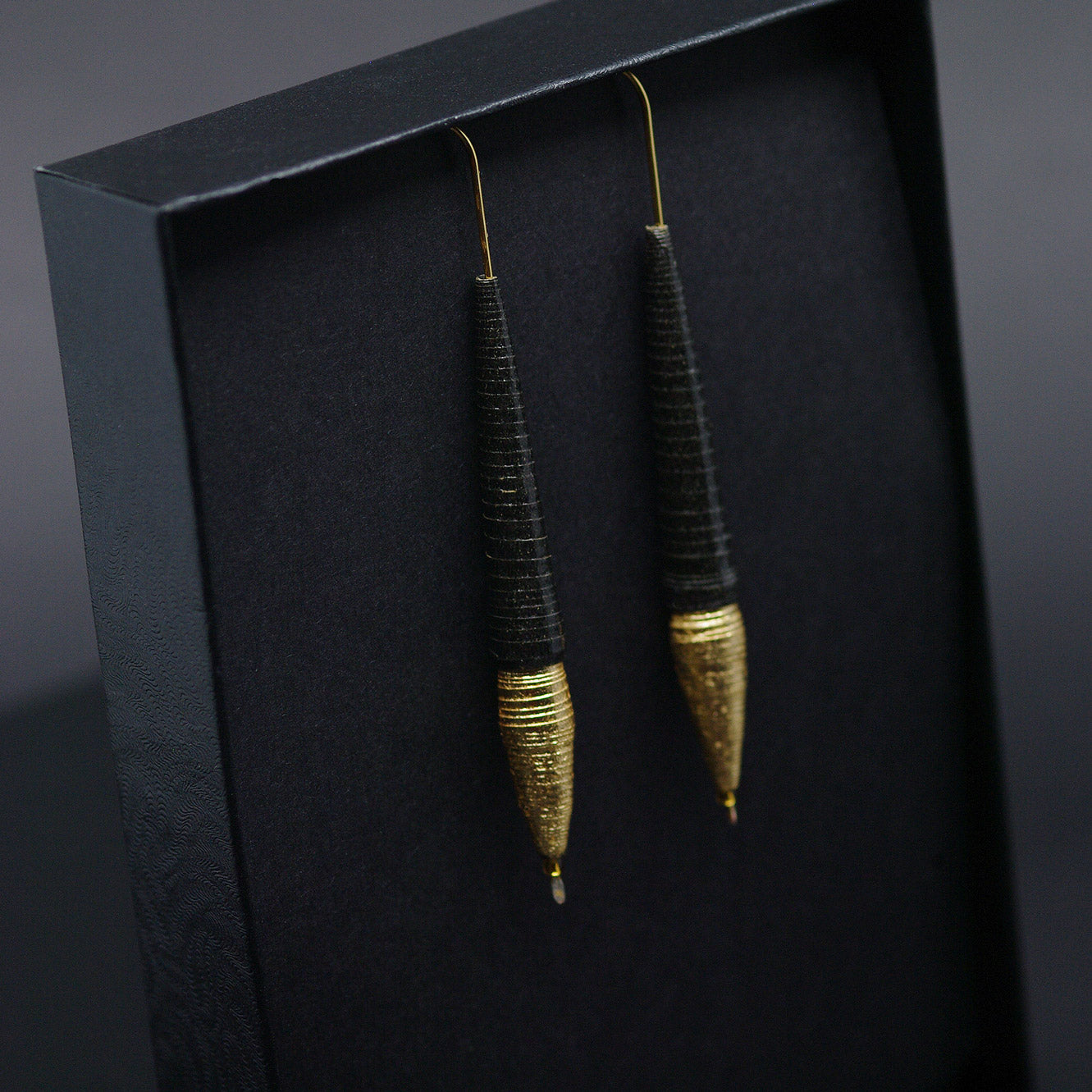 Long & Thin Black and Golden Pointed Paper Earrings Back to Black Collection by Chiramo Paper Jewelry