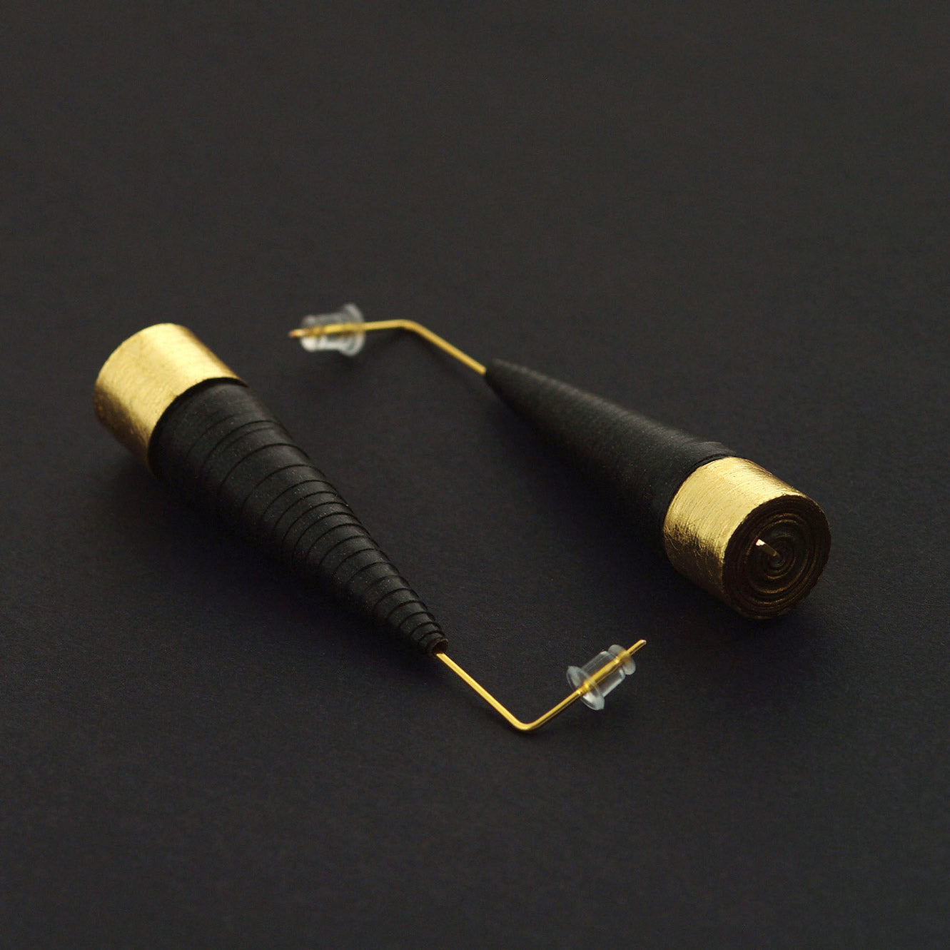 Black and Golden Conical Paper Earrings by Chiramo Paper Jewelry Back to Black Collection