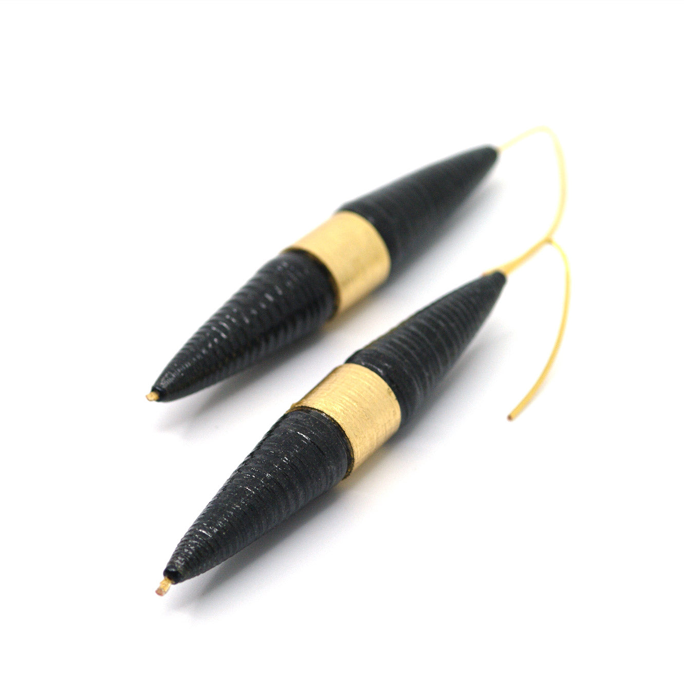 Long Biconical Black and Gold Paper Earrings Back to Black Collection by Chiramo Paper Jewelry