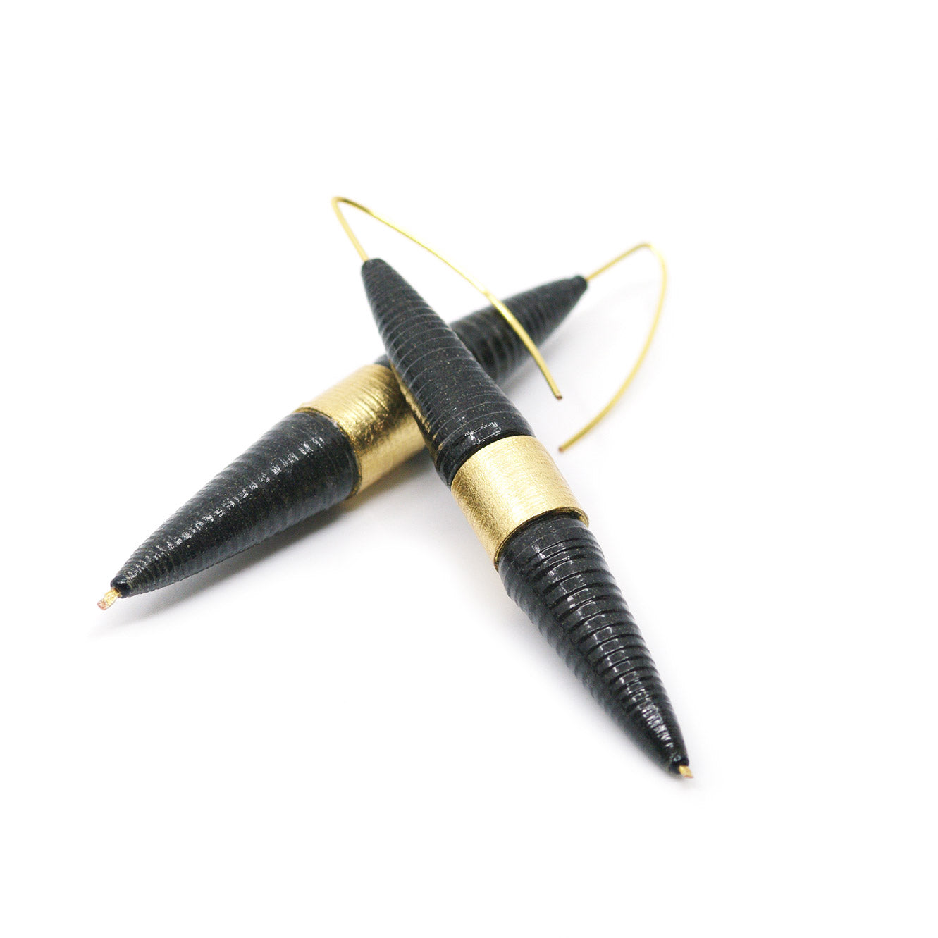 Long Biconical Black and Gold Paper Earrings Back to Black Collection by Chiramo Paper Jewelry