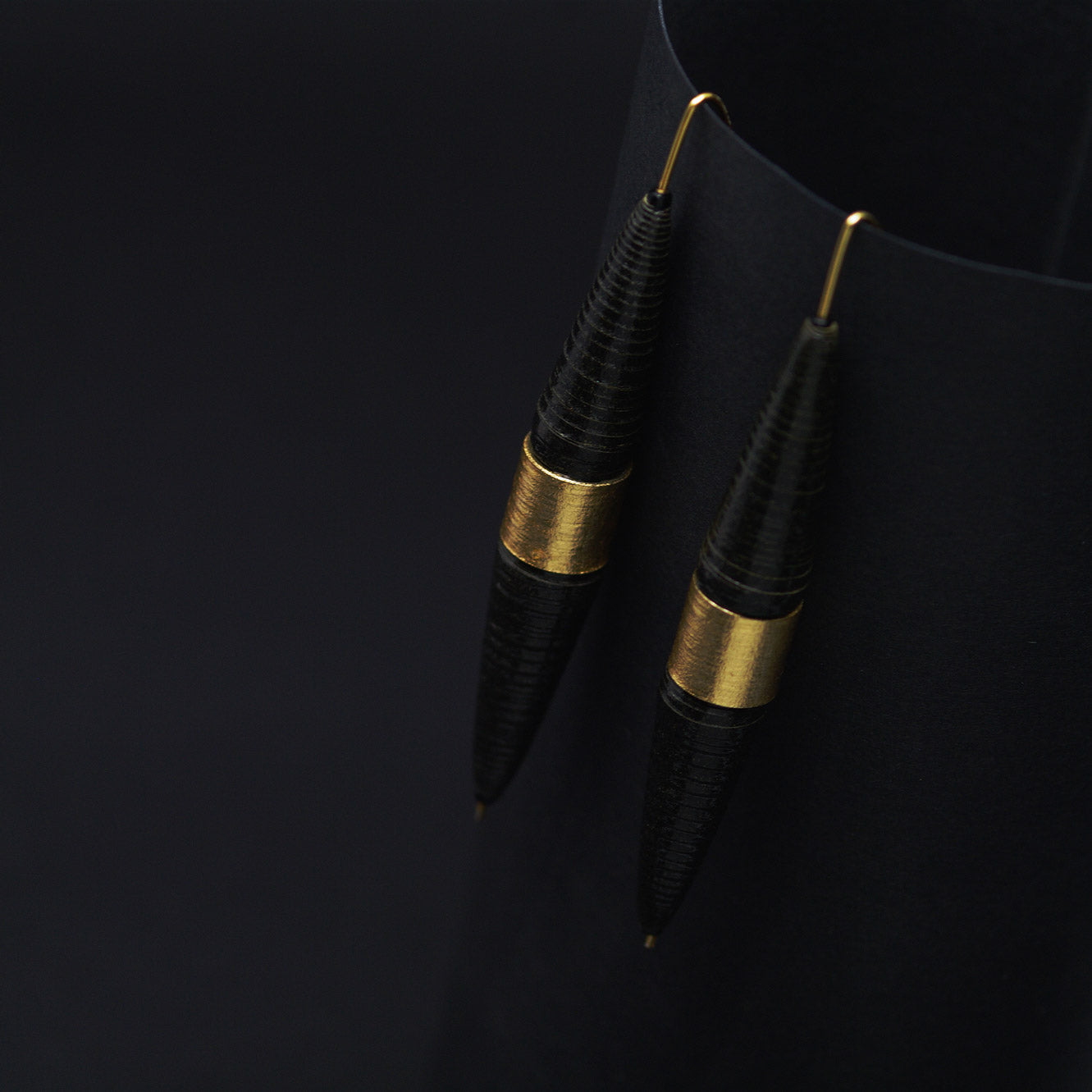 Long Biconical Black and Gold Paper Earrings Back to Black Collection by Chiramo Paper Jewelry