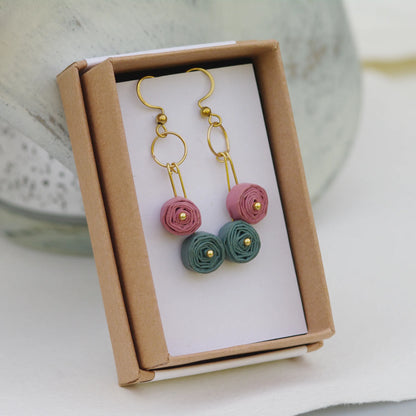 Cercei roz-teal din hartie reciclata in cutie - Pink Power Collection Chiramo 