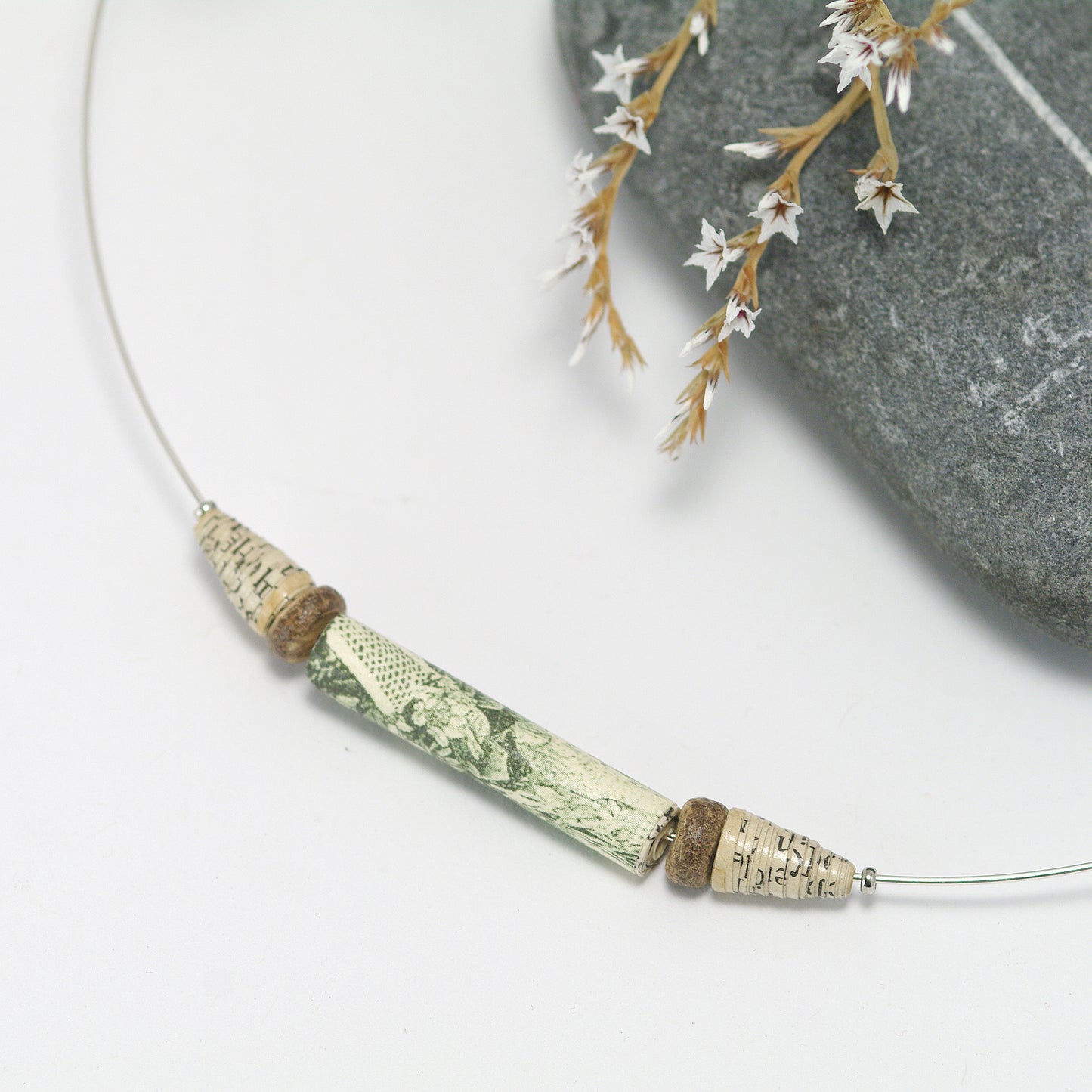 Paper Bead Necklace Green And Beige Upcycled Old Book  Necklace 