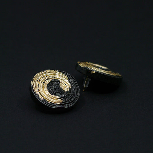 Big Round Black Paper Stud Earrings with Golden Accents Back to Black Collection by Chiramo Paper Jewelry