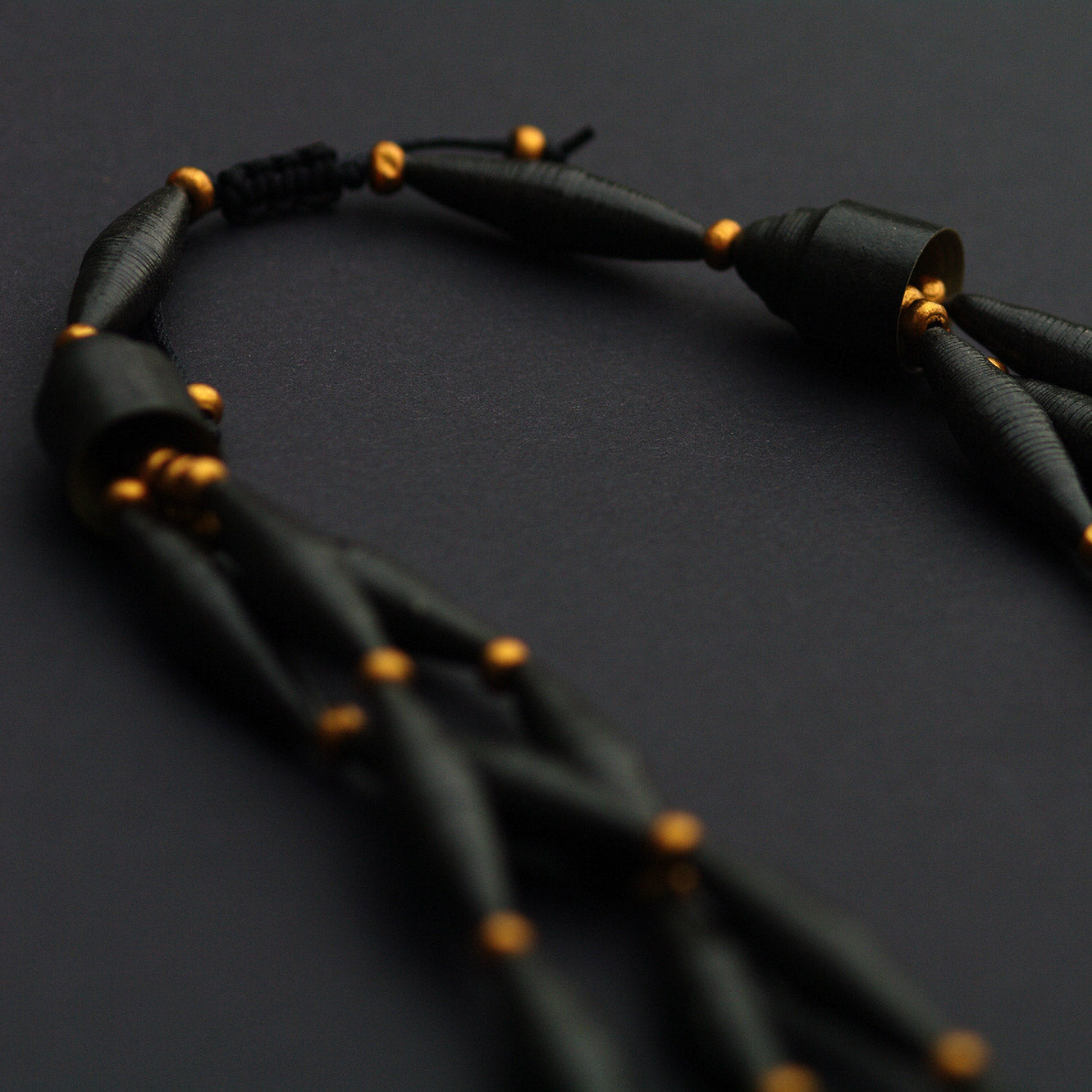 Black Paper Bead Matinee Necklace Featuring Small Golden Wood Beads Back to Black Collection Chiramo Paper Jewelry