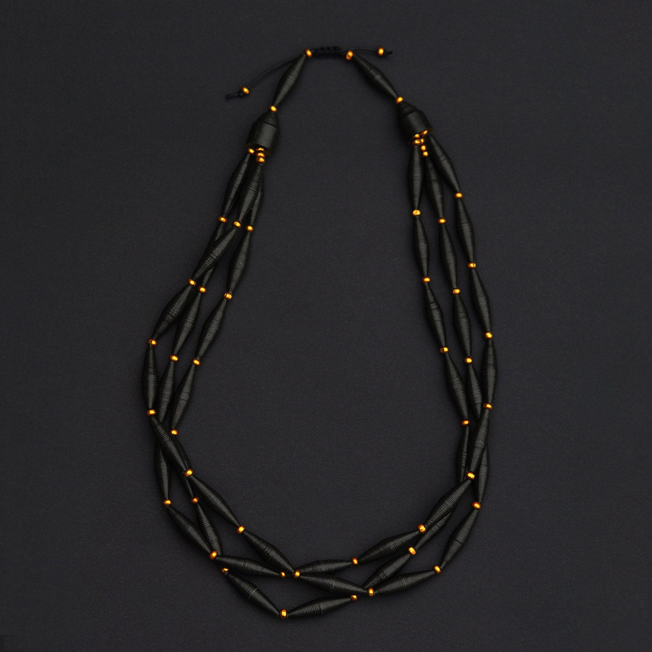 Black Paper Bead Matinee Necklace Featuring Small Golden Wood Beads Back to Black Collection Chiramo Paper Jewelry