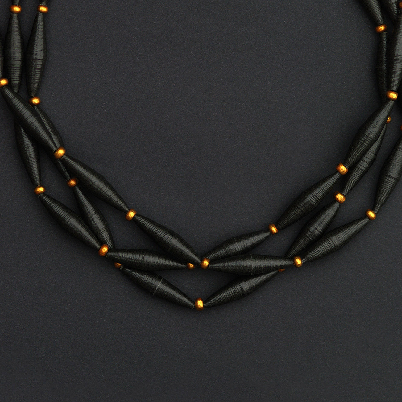 Black Paper Bead Matinee Necklace Featuring Small Golden Wood Beads Back to Black Collection Chiramo Paper Jewelry