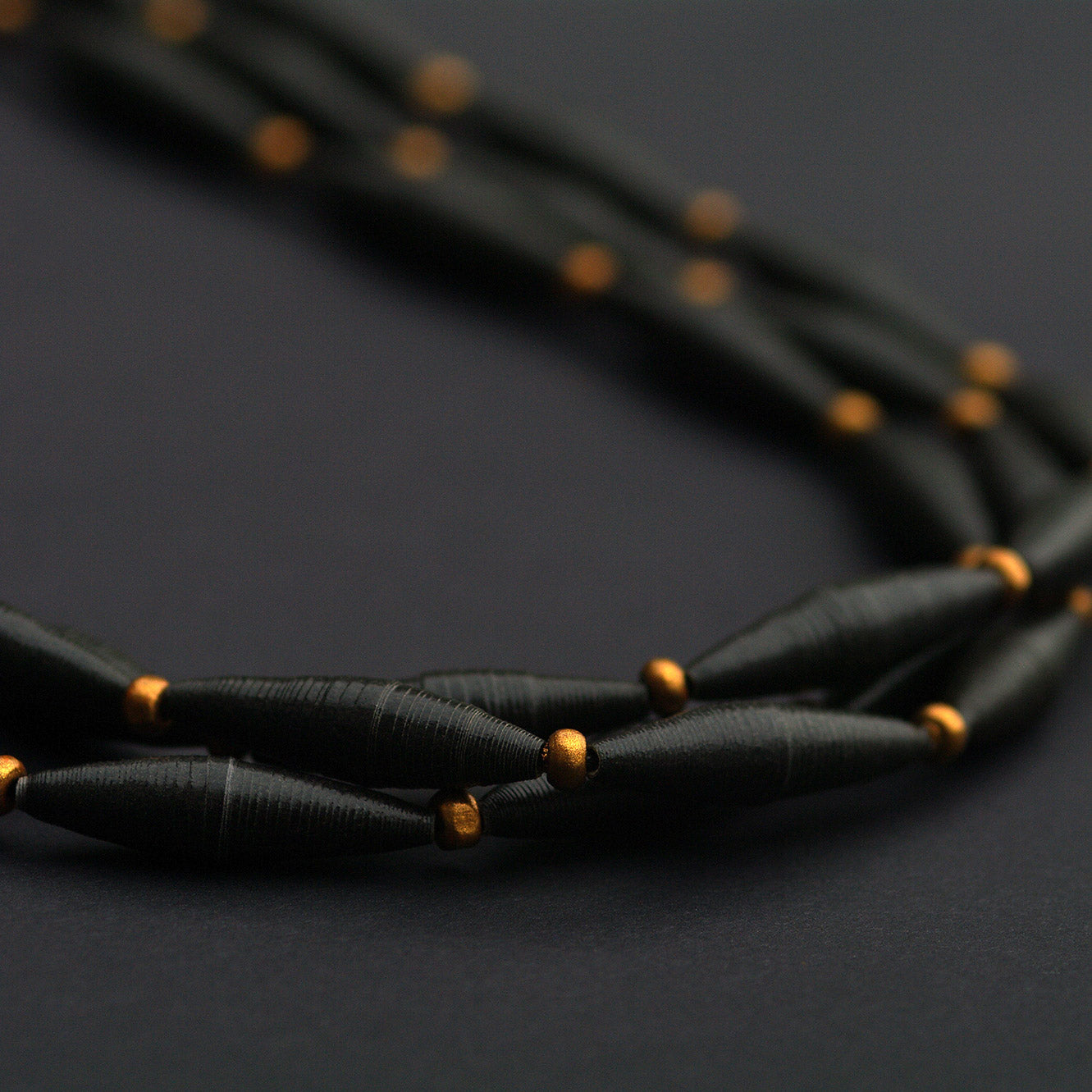 Black Paper Bead Matinee Necklace Featuring Small Golden Wood Beads Back to Black Collection Chiramo Paper Jewelry