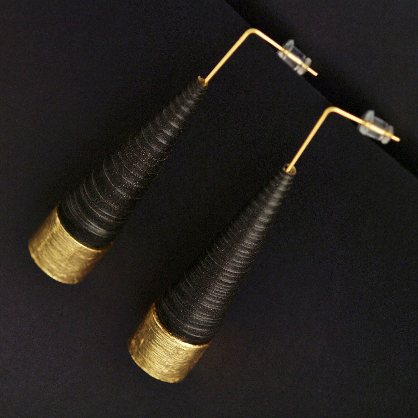 Black and Golden Conical Paper Earrings by Chiramo Paper Jewelry Back to Black Collection