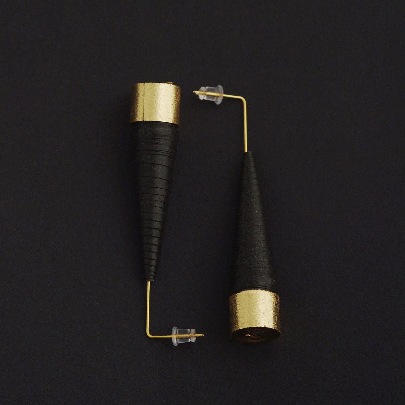 Black and Golden Conical Paper Earrings by Chiramo Paper Jewelry Back to Black Collection