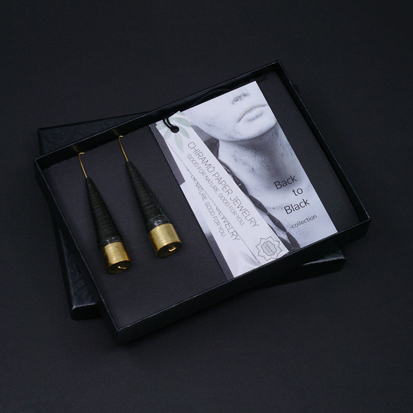 Black and Gold Conical Paper Rings by Chiramo Paper Jewelry Back to Black Collection Cardboard Jewelry Box