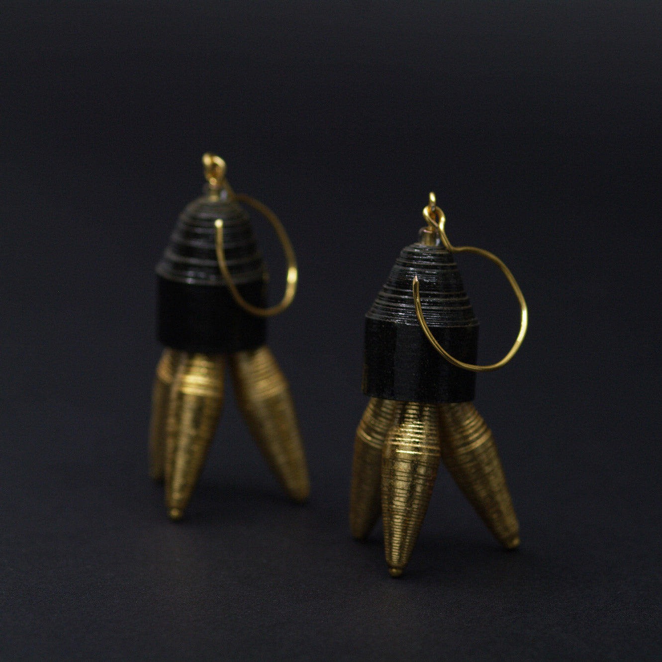 Black and Golden Tripod Paper Earrings Back to Black Collection Chiramo Paper Jewelry