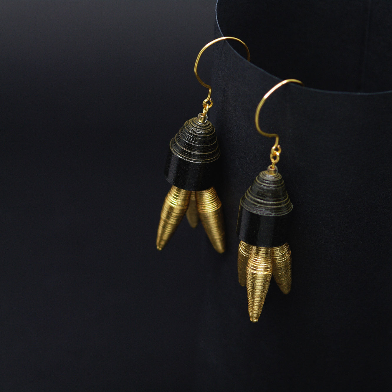 Black and Golden Tripod Paper Earrings Back to Black Collection Chiramo Paper Jewelry
