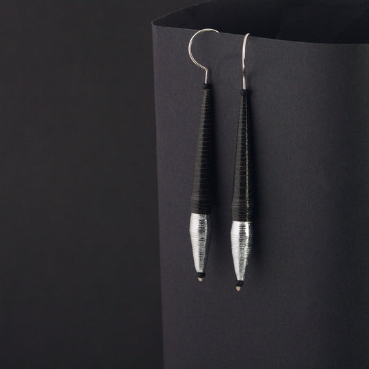 Pen-Shaped Black Earrings with Silver Accents