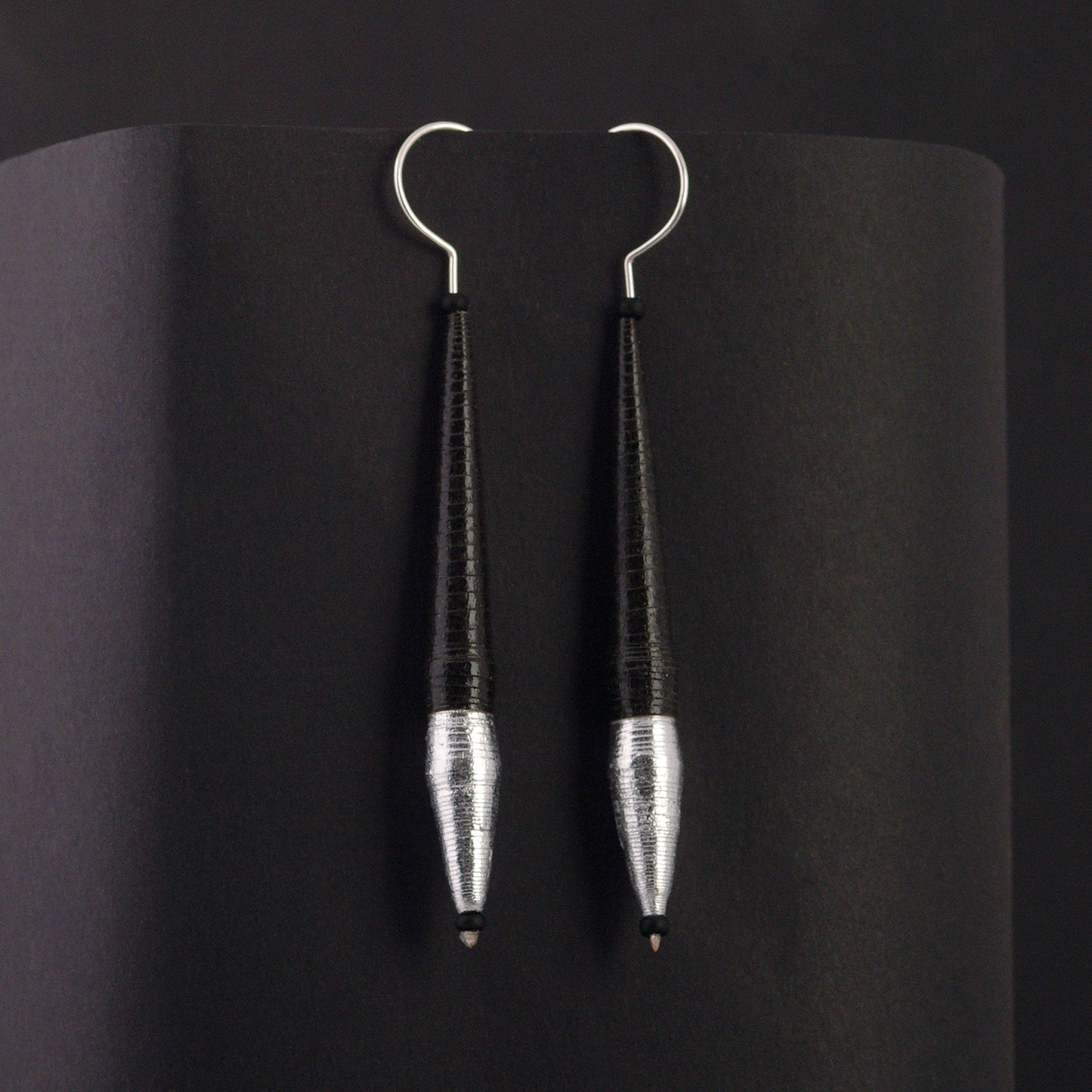 Pen-Shaped Black Earrings with Silver Accents