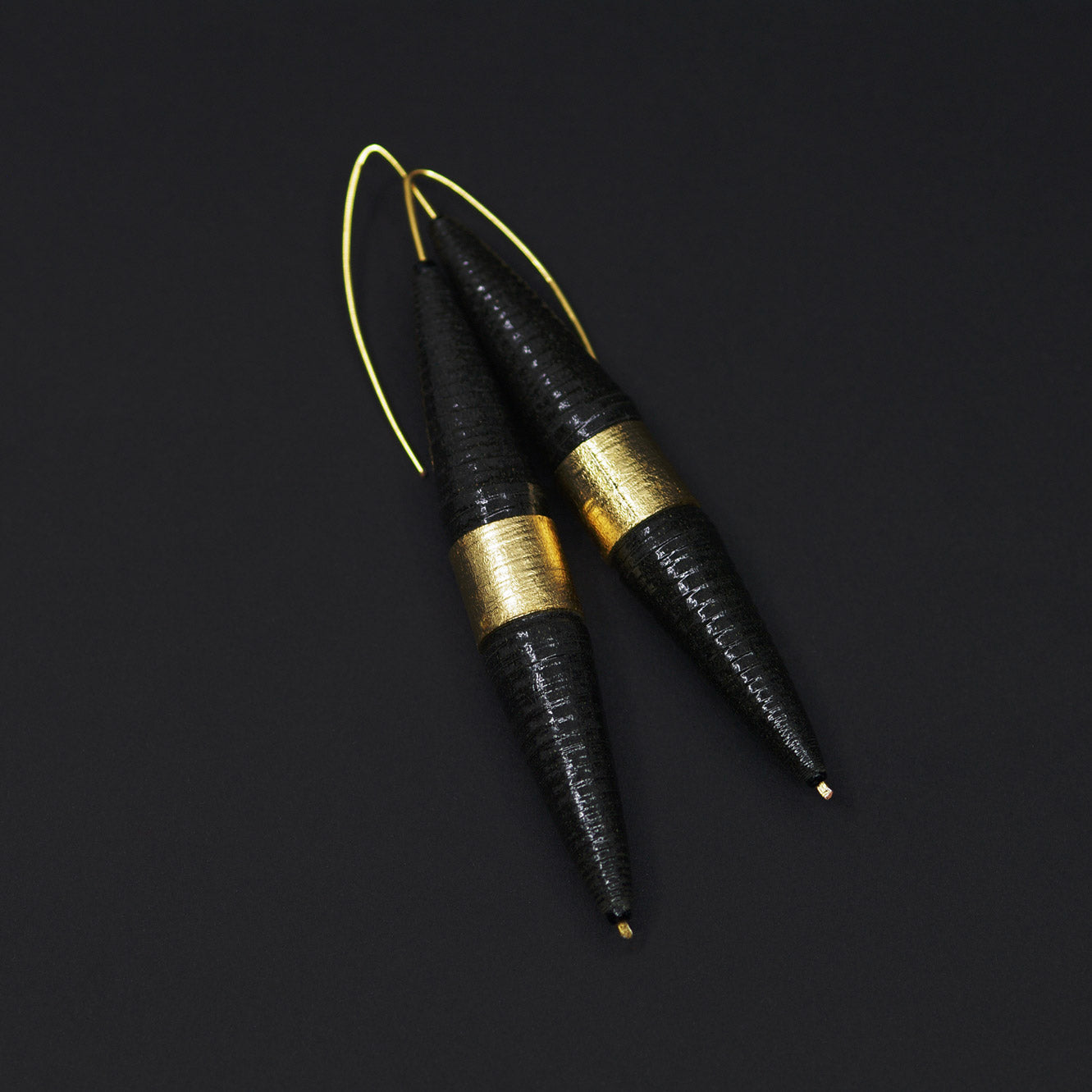Long Biconical Black and Gold Paper Earrings Back to Black Collection by Chiramo Paper Jewelry